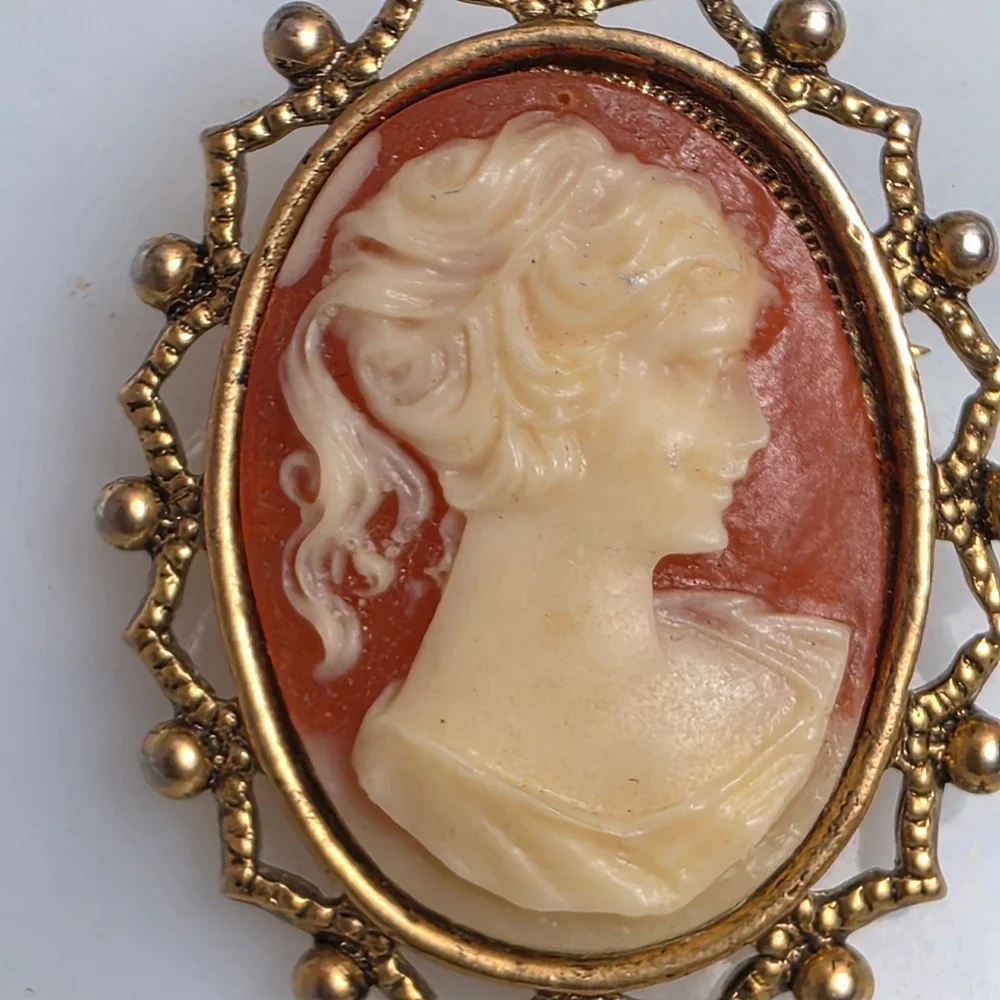 Vintage Cameo Brooch Pin Oval Portrait Woman‎ Cream Coral Gold Tone Ornate Metal